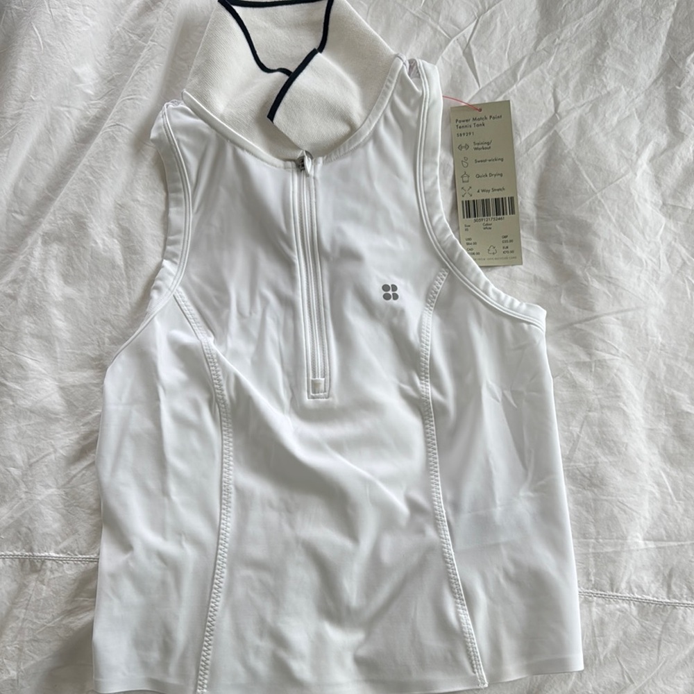 NWT Sweaty Betty White Sleeveless Zip-Up Top for sports, tennis